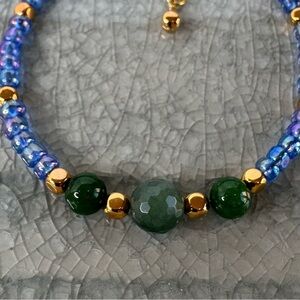 Hand Crafted Boho Jade & Glass Bracelet Green Blue Gold 6.75” Beaded NWT
